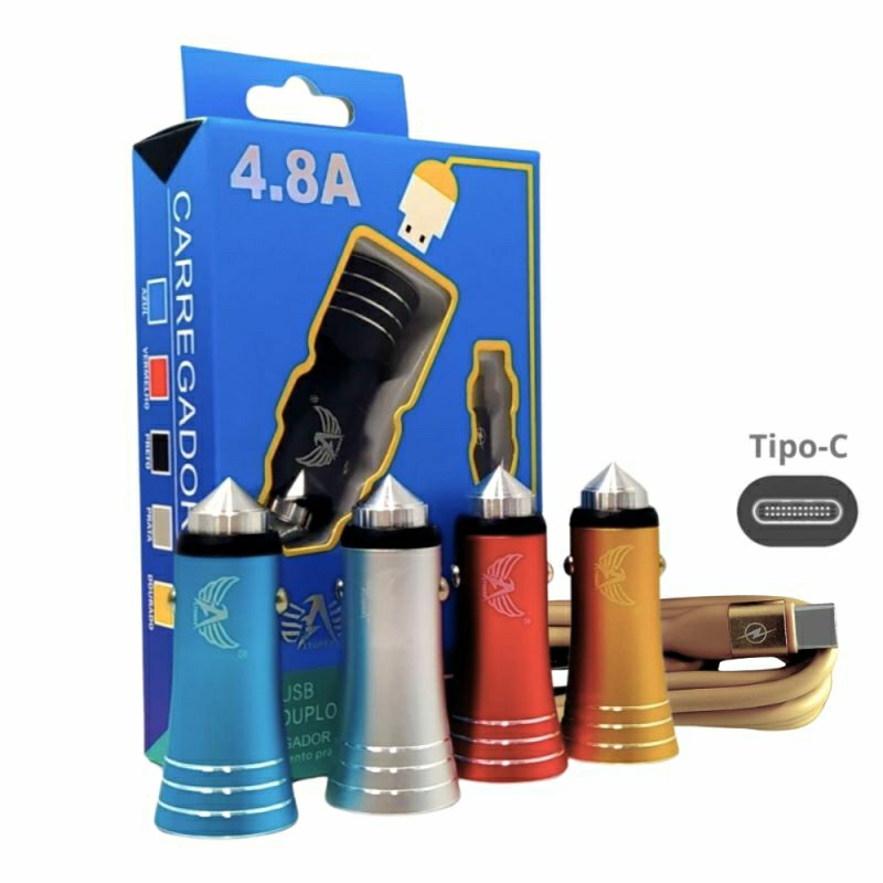 Carregador Veicular 12v TURBO inteligente  02 Portas USB Cabo Móvel TIPO-C 4.8A celular  tablet GPS  AL-2106D