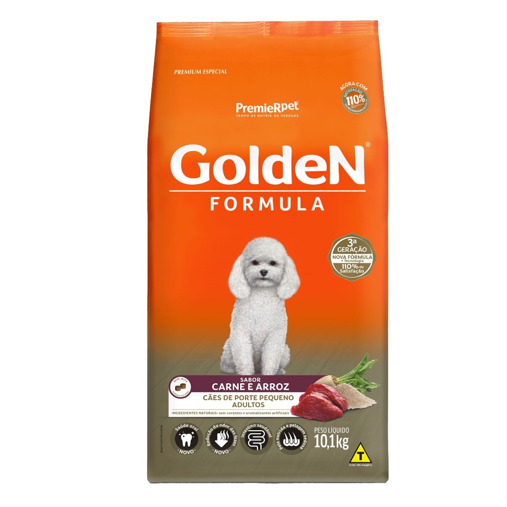 Ração Golden Formula Mini Bits para Cães Adultos de Pequeno Porte Sabor Carne e Arroz 10,1Kg
