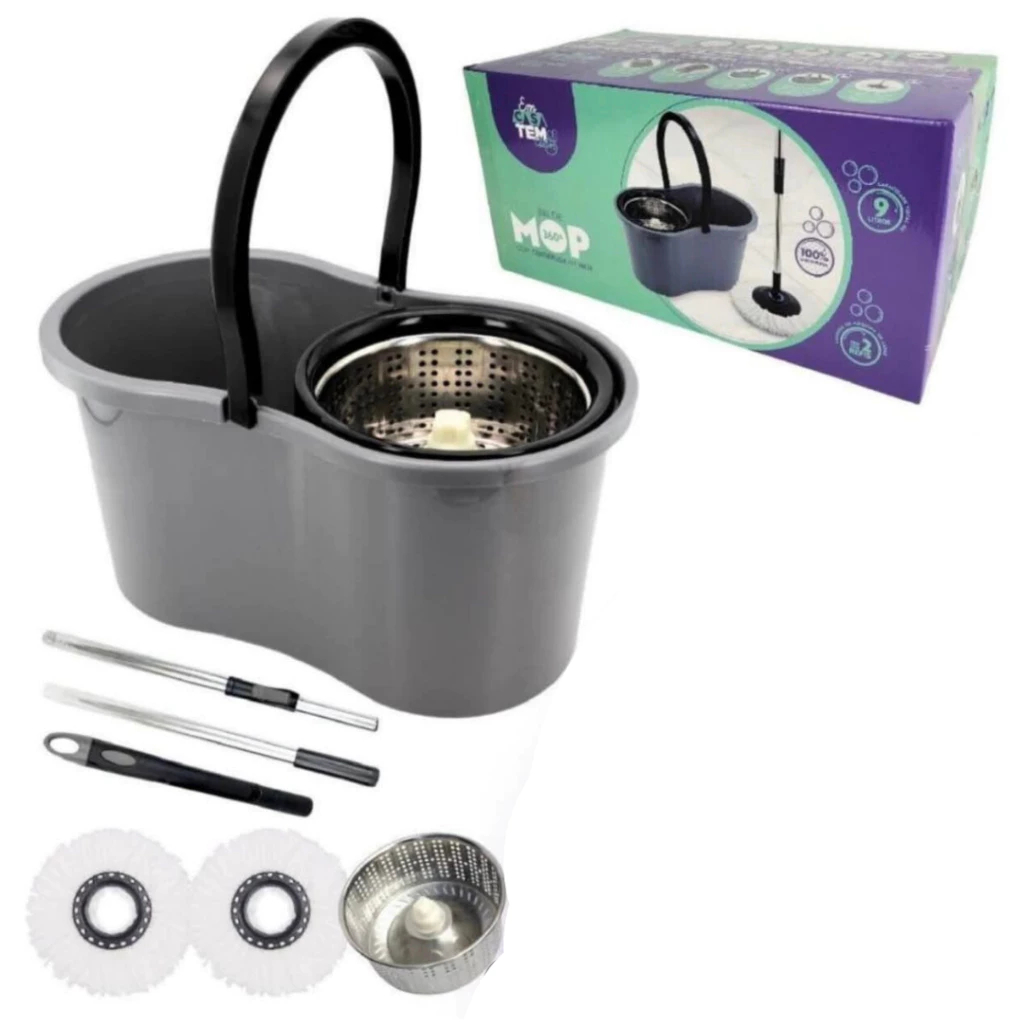 Mop Giratório Centrífuga e Cabo de Inox com Balde e Refil –Ideal p/ Limpeza de Canil