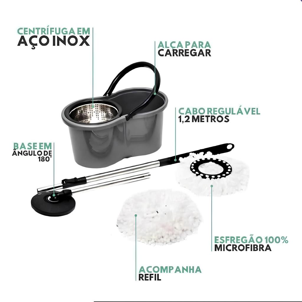 Mop Giratório Centrífuga e Cabo de Inox com Balde e Refil –Ideal p/ Limpeza de Canil
