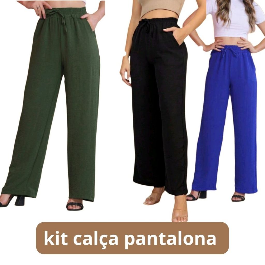 Kit 2 Calças Pantalona Feminina Cós Alto com Bolso – Tecido Duna Premium Super Confortável