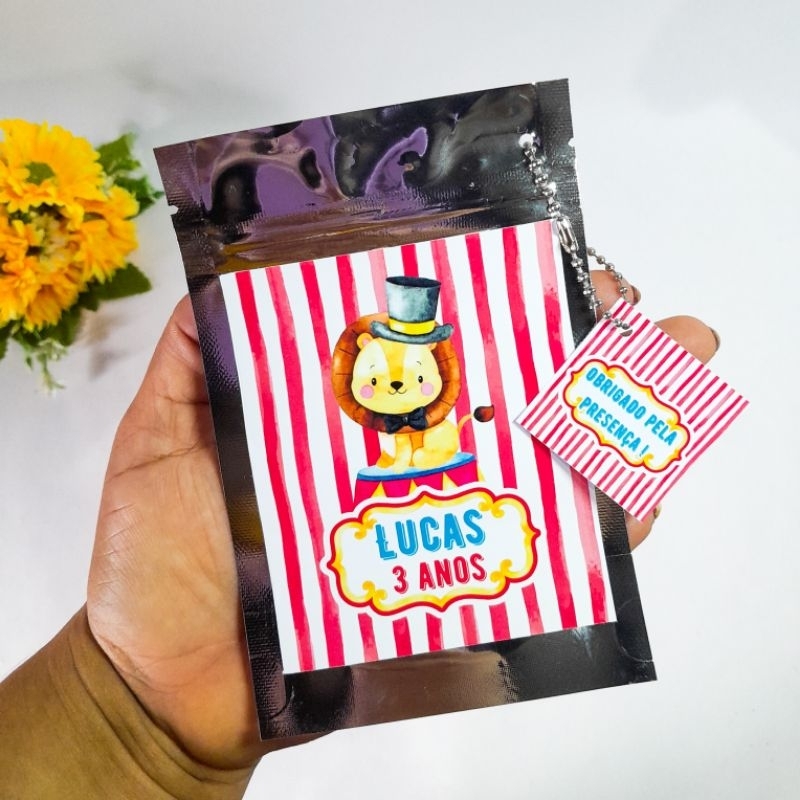 Saquinho Metalizado Personalizado Circo Aquarela vermelho-Lembrancinhas para Festa Infantil-Personalizados Circo