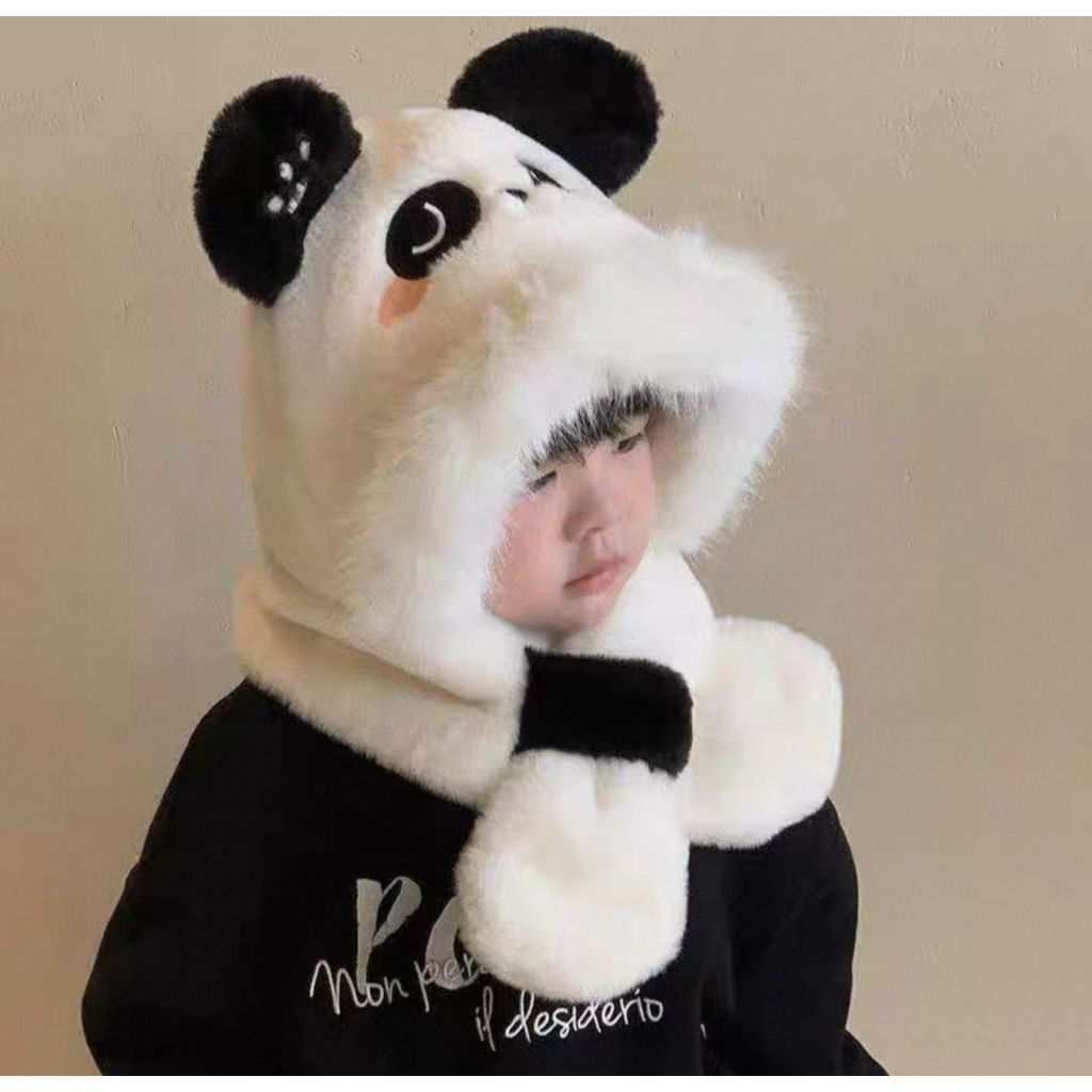 Infantil 5 ao 16 anos Panda Urso Touca Cachecol  2 em 1 Peluciada Tampa Orelha Forrada Para Menina e Menino