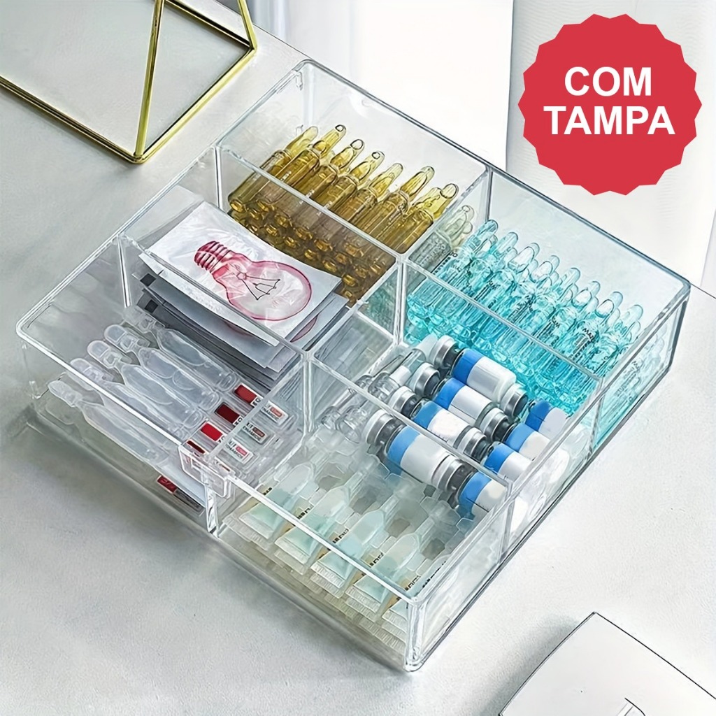 CAIXA ACRÍLICO COM DIVISÓRIAS COLMEIA GRANDE COM TAMPA PARA MEDICAMENTOS JOIAS RELOGIOS GAVETA