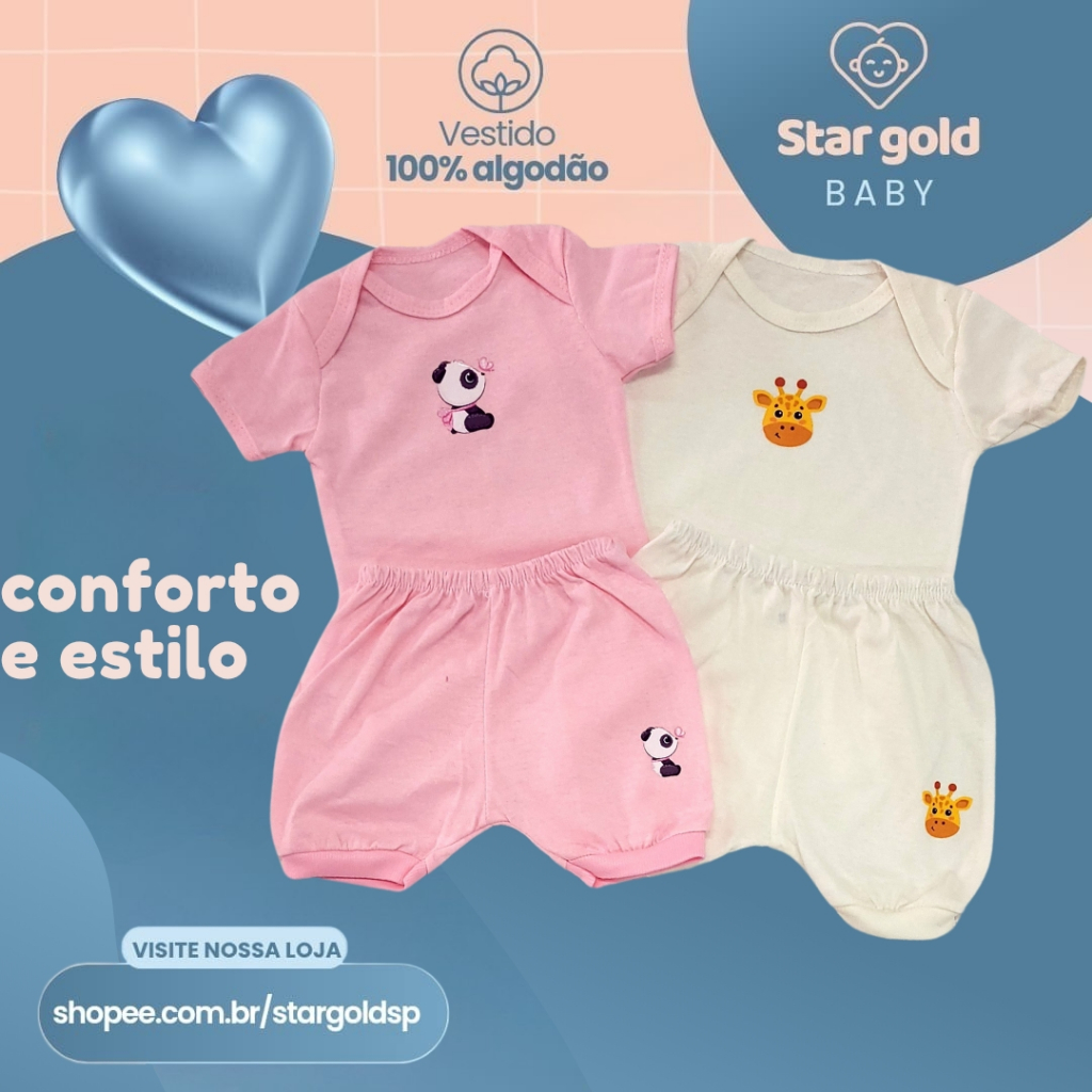 Kit com 2 Body Bodyzinho de Bebê Kit com Body + 2 Shorts Tecido 100% Algodão Confortável