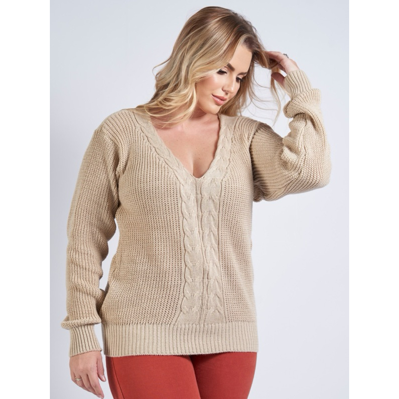 Blusa Suéter Tricot Feminino Inverno Priscilla Moda Inverno Outono com Trança