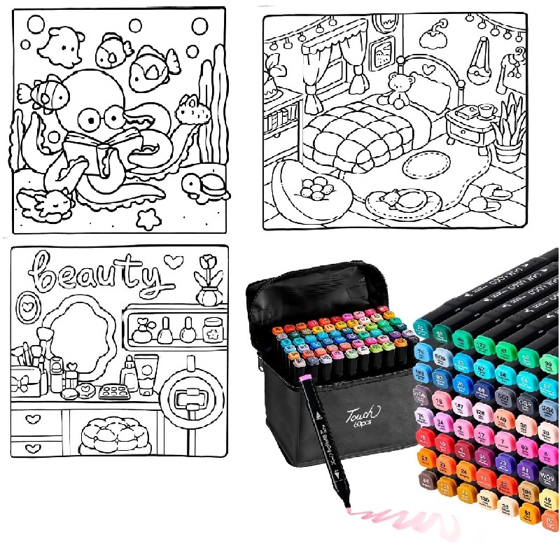 Kit Promocional Livro De Colorir + 120 Unidades Canetas Canetinhas Marcadoras Ponta Dupla Para Desenhar e Relaxar