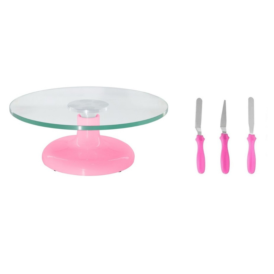 Bailarina Giratória De Vidro P/ Decorar Bolos Rosa + 3 Espátulas de Decoração Tipo Ganache