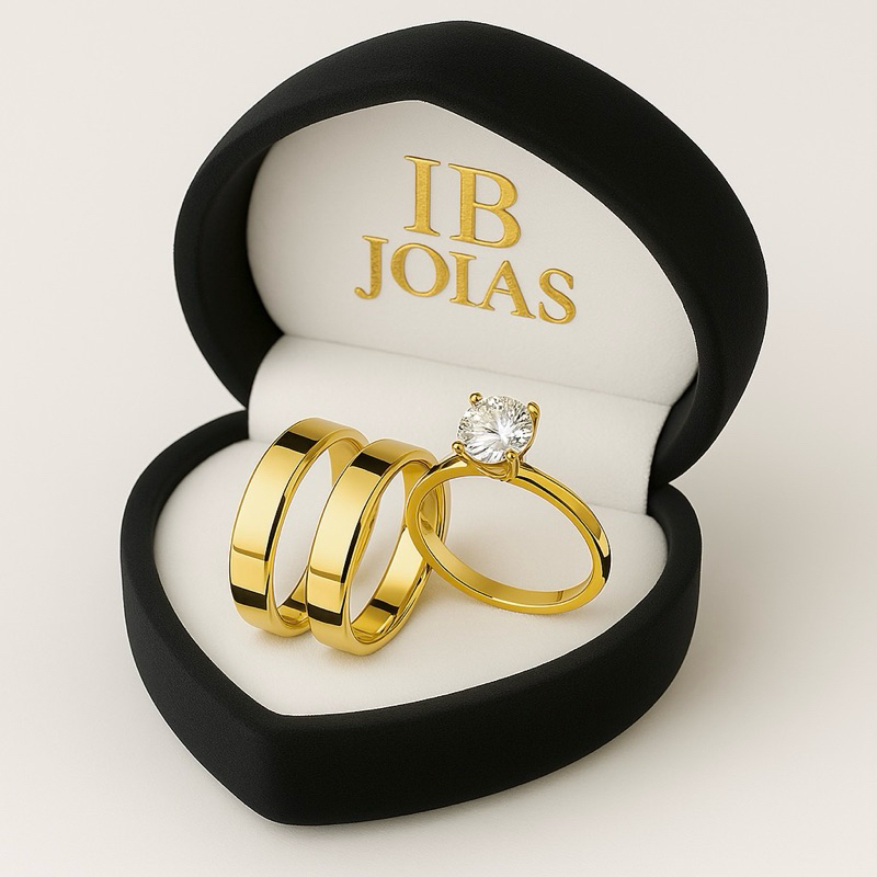 Par Aliança e Anel Solitário 4MM Noivado Casamento compromisso 100% em moeda cor de ouro 18k
