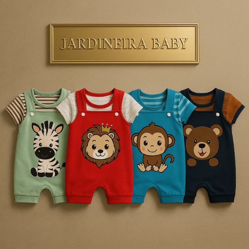 Conjunto de Bebê Macacão Jardineira Safari com Estampa de Animais - Roupa Fofa para Bebê M...