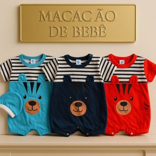 Macacão para Bebê Menino com Camiseta e Touquinha Ursinho Listrado em Oferta na Shopee