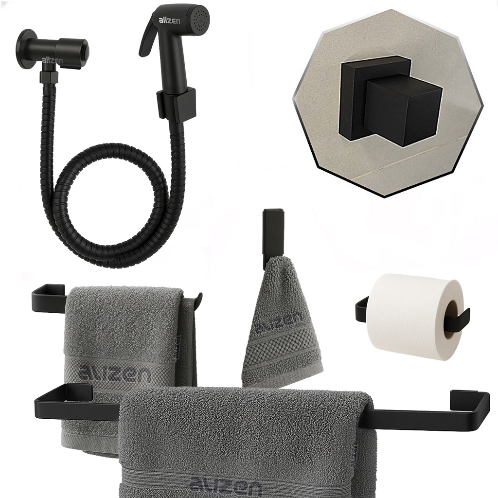 Kit Acessórios Preto para Banheiro Quadrado + 1 Ducha Higiênica POP Preta + Acabamento pad...