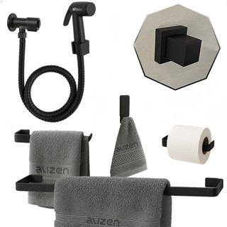 Kit Acessórios Preto para Banheiro Quadrado + 1 Ducha Higiênica POP Preta + Acabamento pad...