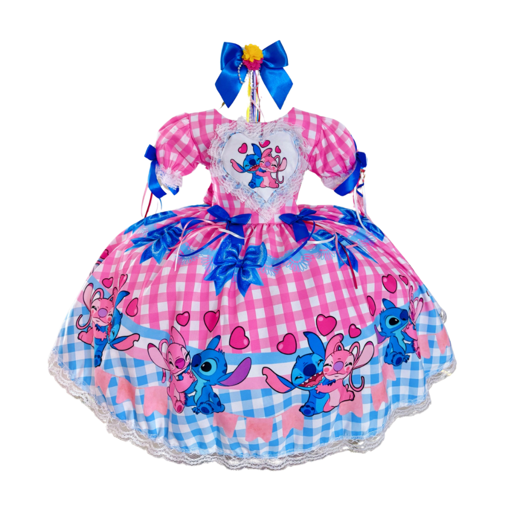 Vestido Junino Infantil Lilo Stitch e Angel Xadrez Festa Junina Quadrilha São João