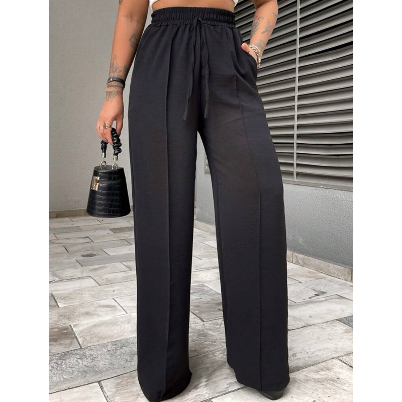 Calça Pantalona Feminina Cordão Cintura Alta  Com Bolso Tecido Duna