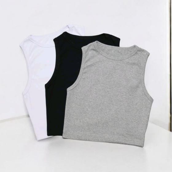 KIT 3 CROPPED REGATA CANELADA RIBANA BLUSA FEMININA PRETO BRANCO CINZA