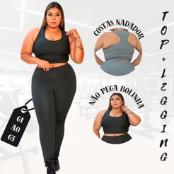 Conjunto De Academia Top + Calça Legging Plus Size Curve Academia Feminino Em Suplex Cintura Alta