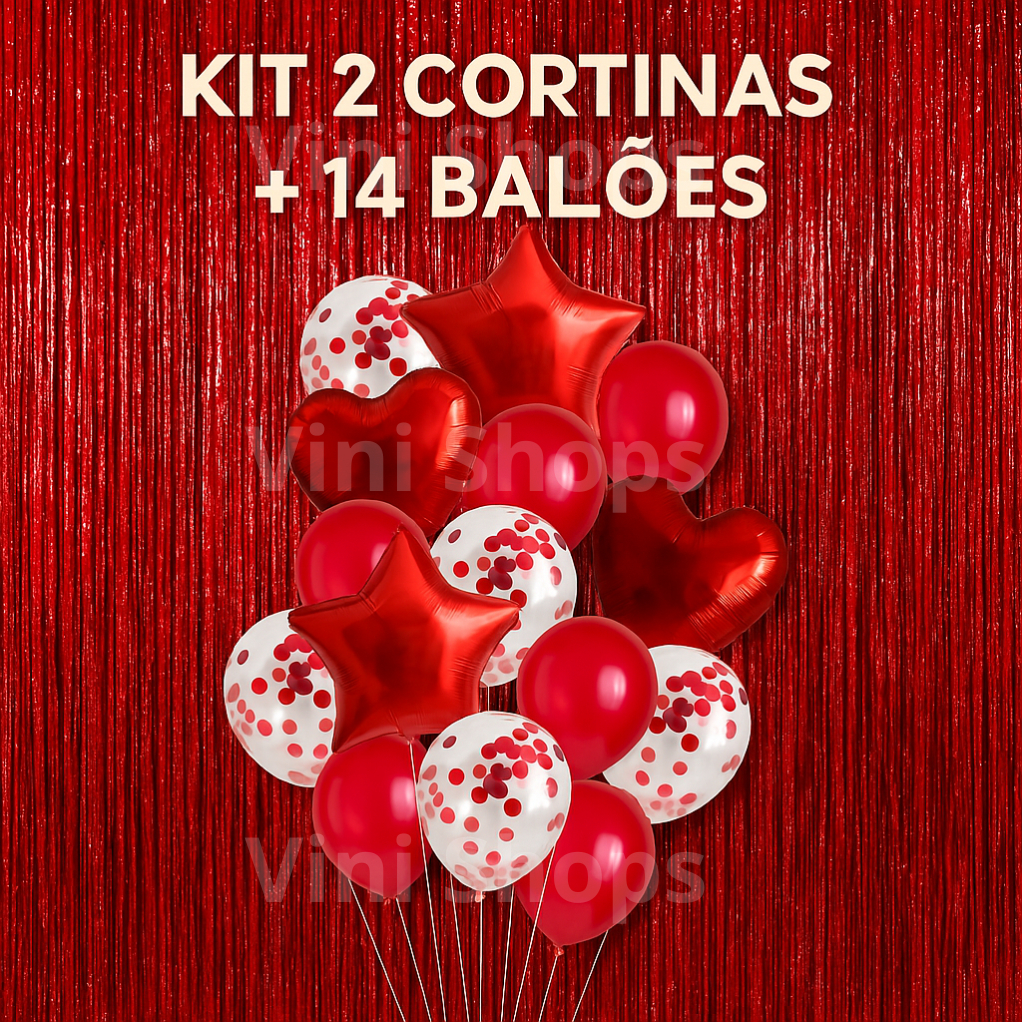 2 Cortinas + Kit 14 balões - vermelho / Dia dos namorados / Amor / Coração