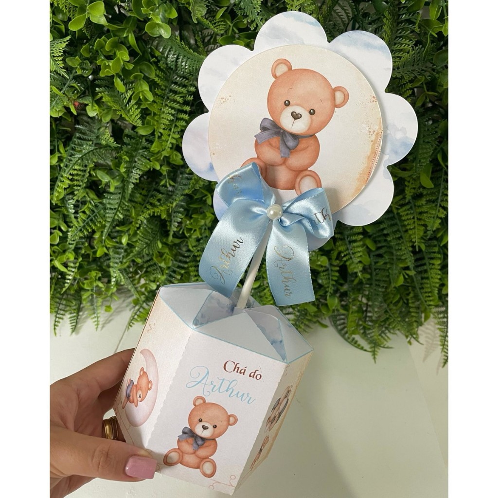 Kit de Centro de mesa Ursinho Azul | Arranjo de mesa | Enfeite | Cachepô | Lembrancinha Personalizado