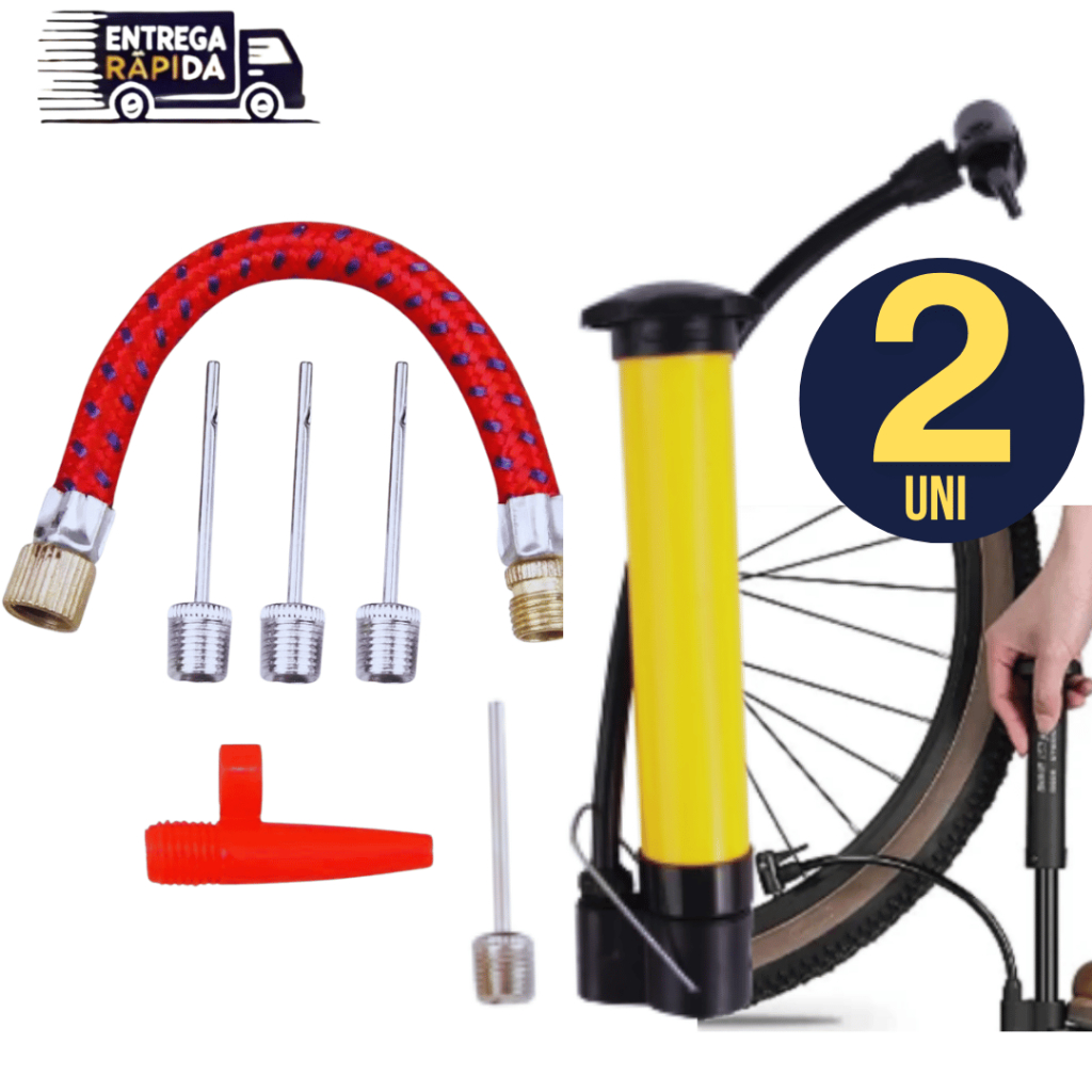 Conj 2 Unidades Bomba De Ar Vertical Encher Pneu Bike Bicicleta 25cm + 1 bico de Inflar + KIT 05 Bicos Para Encher Infla