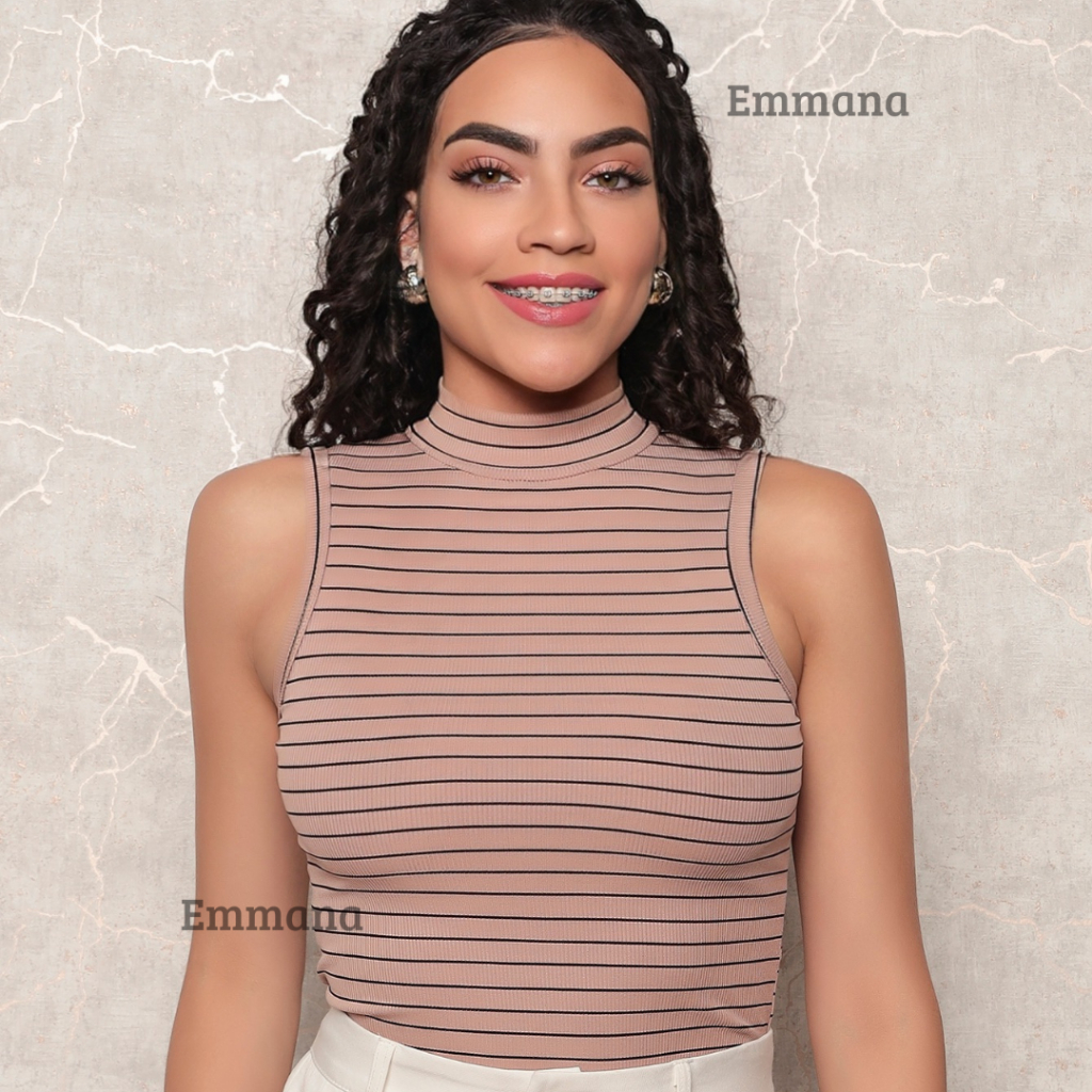 Regata Canelada Feminina Gola Alta Listrada Blusa Básica camiseta Casual