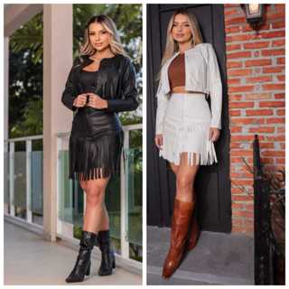 Conjunto Feminino Cowboy em Courinho – Saia e Jaquetinha Estilosa e Moderna em Oferta na Shopee