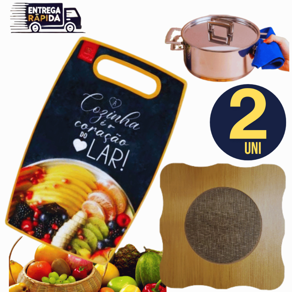 Jogo 02 Unidades -  Tabua Estampada Casa Cozinha Vaiáveis Utilidades + Descanso de Panela Resistência Durabilidade