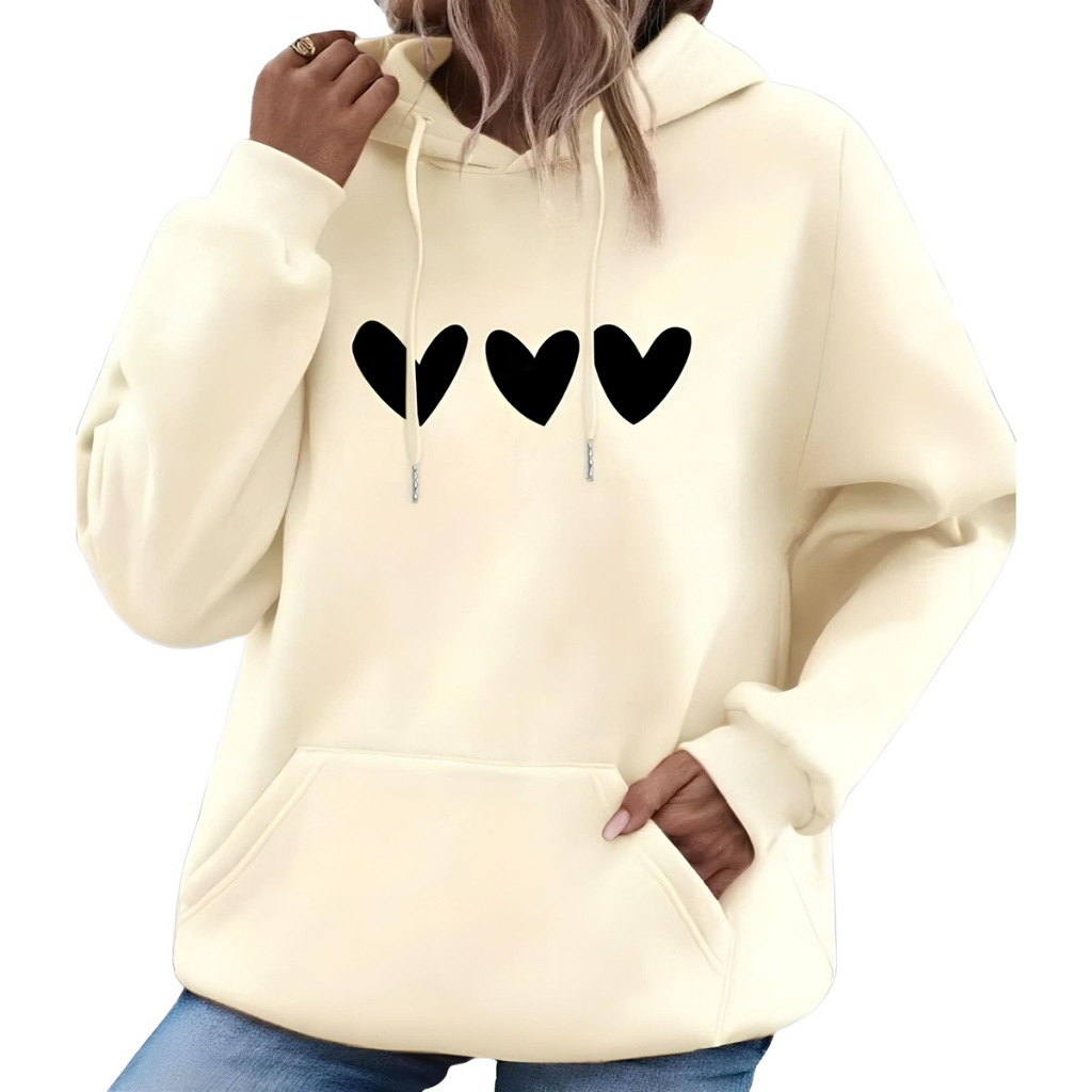 Blusa Moletom Canguru Feminino Capuz Estampa Casual Flanelado Inverno Algodão Look Bege Coração