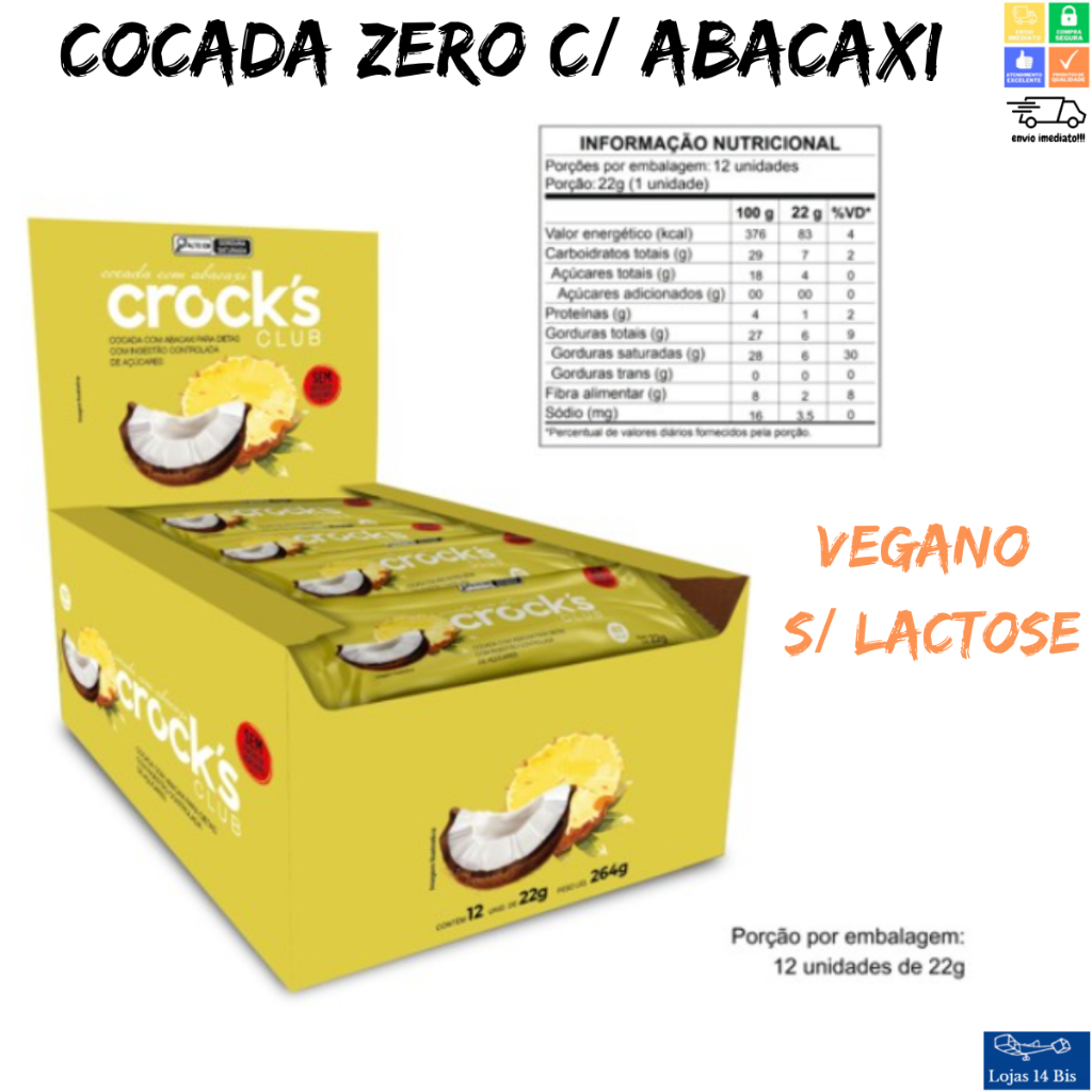 Cocada C/ Abacaxi Zero Adição Açúcar Crocks Sem Glúten Sem Lactose Caixa com 12 Unidades de 22g em Oferta na Shopee