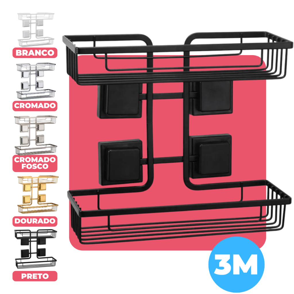 Suporte Duplo Porta Shampoo Condicionador Sabonete Parede Banheiro Fixação Fita Adesivo 3M Arthi - Home & Living