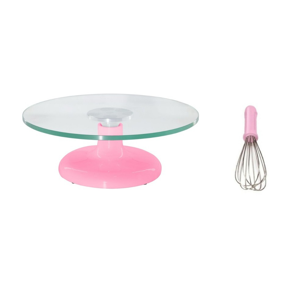 Bailarina Giratória De Vidro P/ Decorar Bolos Rosa + Fuê Batedor de Bolo Rosa 30cm