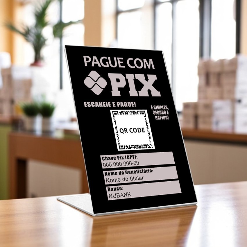 Placa Pix QR Code Personalizado 10x15cm | Display de Balcão para Pagamento | Suporte de Mesa para Lojas e Comércio