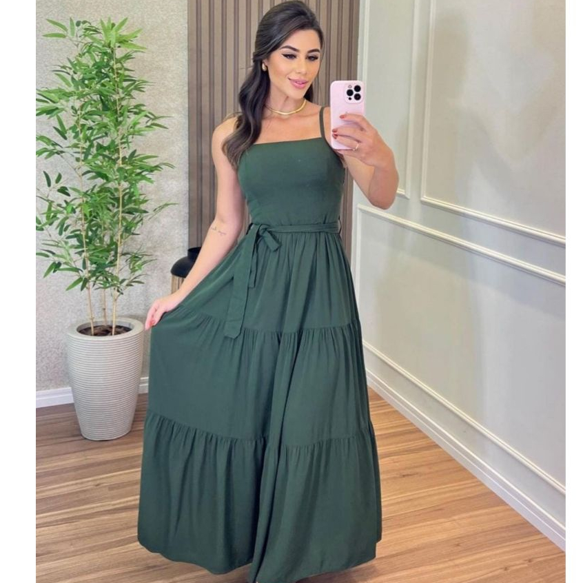 Vestido Longo Feminino Daniela Liso com Cinto Elegante Tamanho Único em Oferta na Shopee