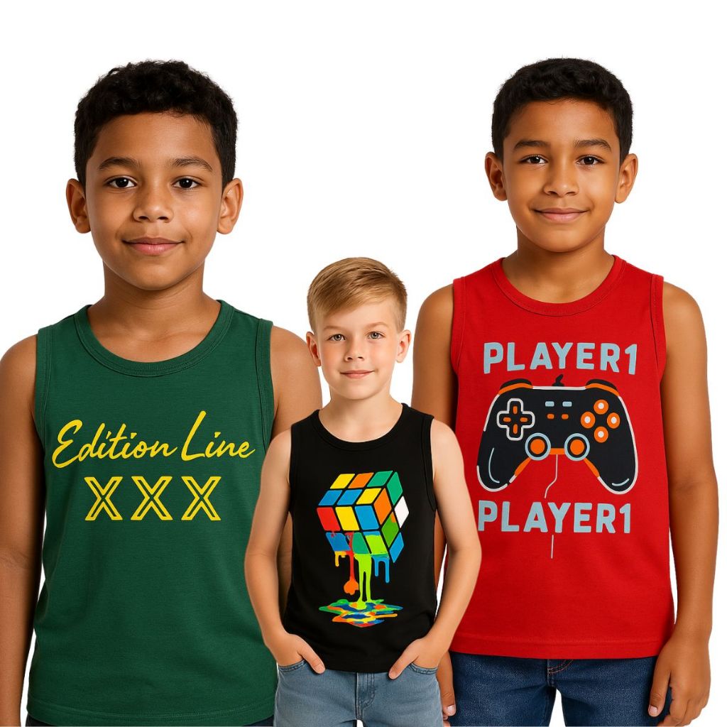 Kit 3 Regatas Estampadas Masculinas Infantil e Juvenil  menino do 10 ao 16  Algodão