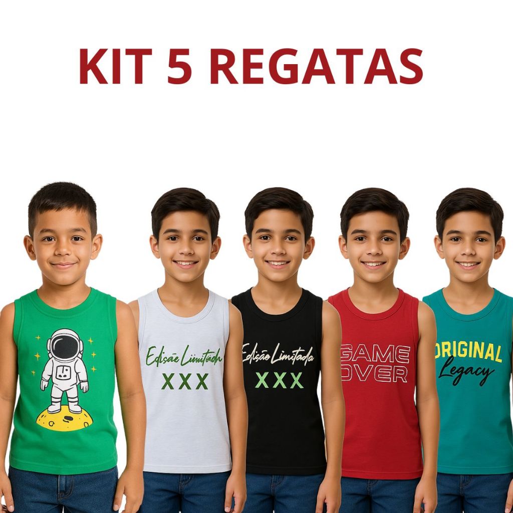 Kit 5 Camisetas Regatas Masculinas Estampadas – Menino Infantil Juvenil Tamanhos 10 ao 16 Algodão
