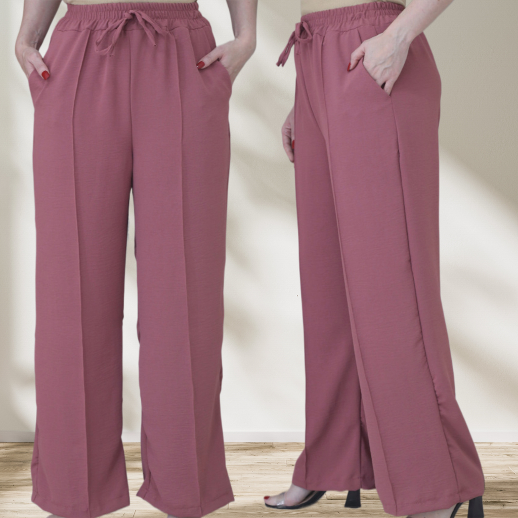 Calça Pantalona Tecido Duna Premium Social Feminino Leve Moda Verão Cintura Alta Com Bolsos Elástico na Cintura P ao GG