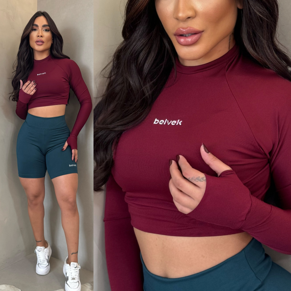 Cropped academia manga longa com dedeira esporte sport blusinha treino corrida top fitnes ...