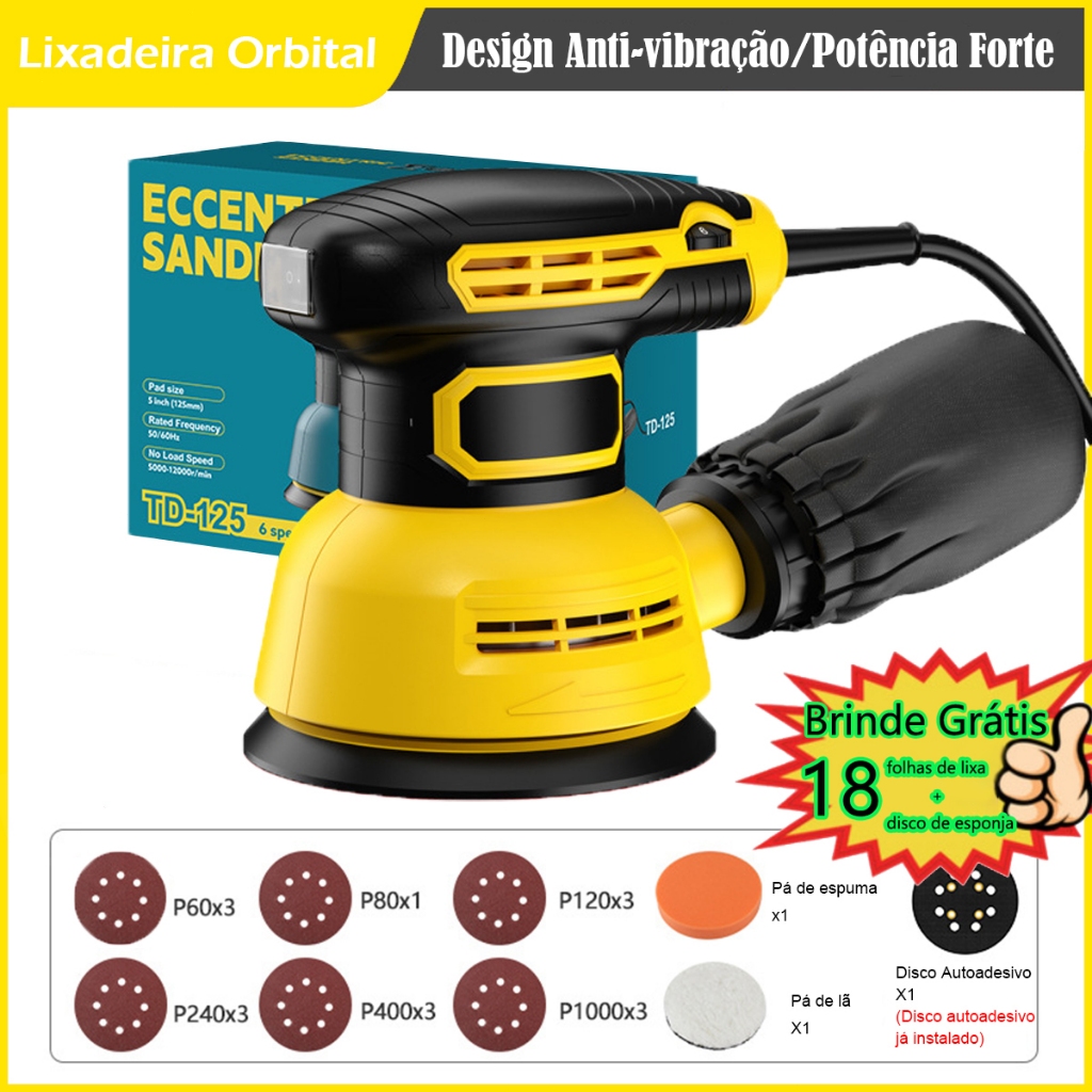 Lixadeira Elétrica Roto Orbital Profissional 300w 16 Lixas Grátis 110V ou 220V 60Hz Kit com Maleta