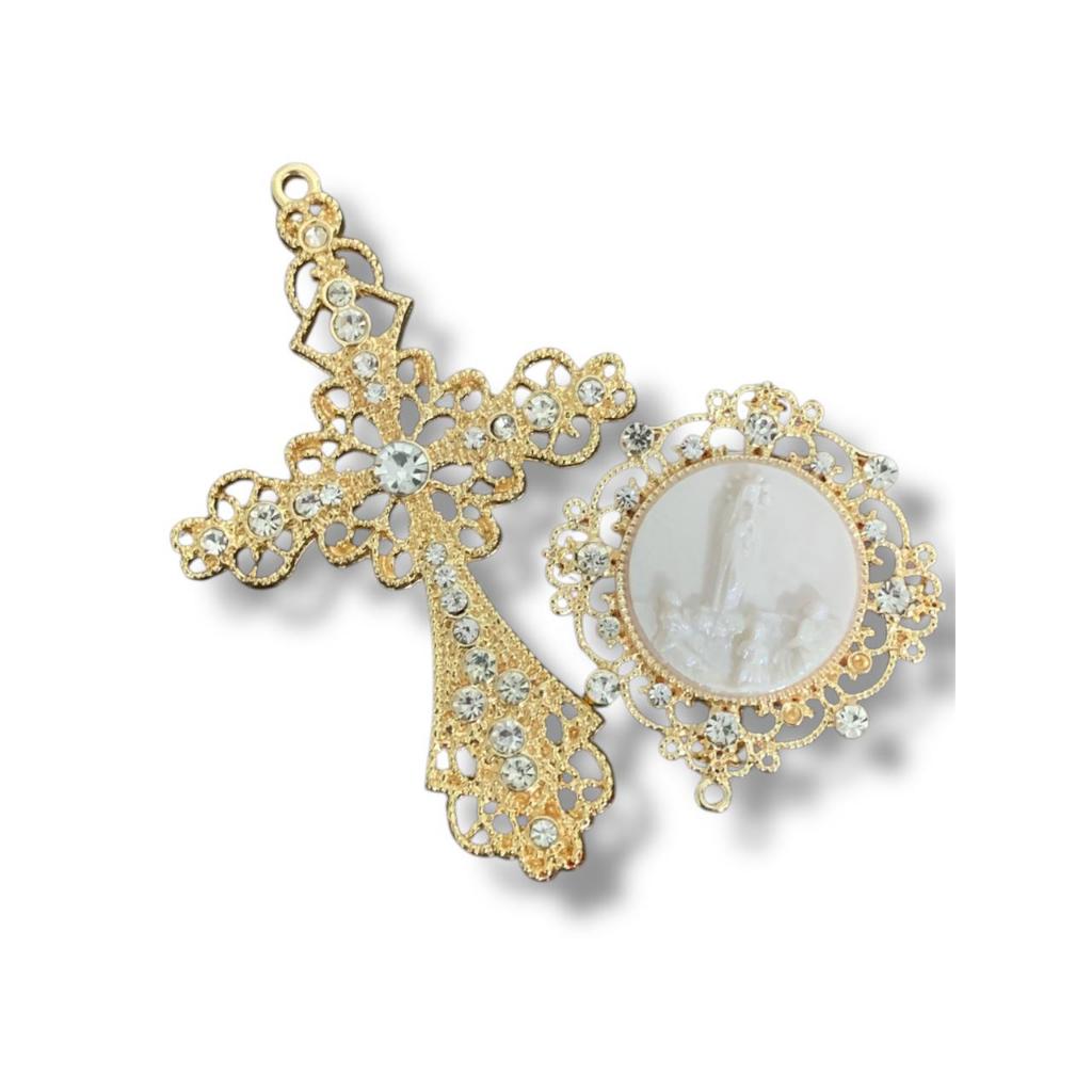 Nossa Senhora de Fátima kit cruz e entremeio camafeu para terço de noiva dourado cataforético strass