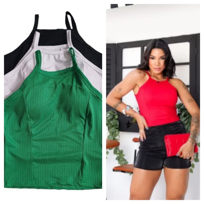 Kit 3 Blusa Feminina Cropped de Alcinha Estilo Nadador Malha Canelado Casual em Oferta na Shopee