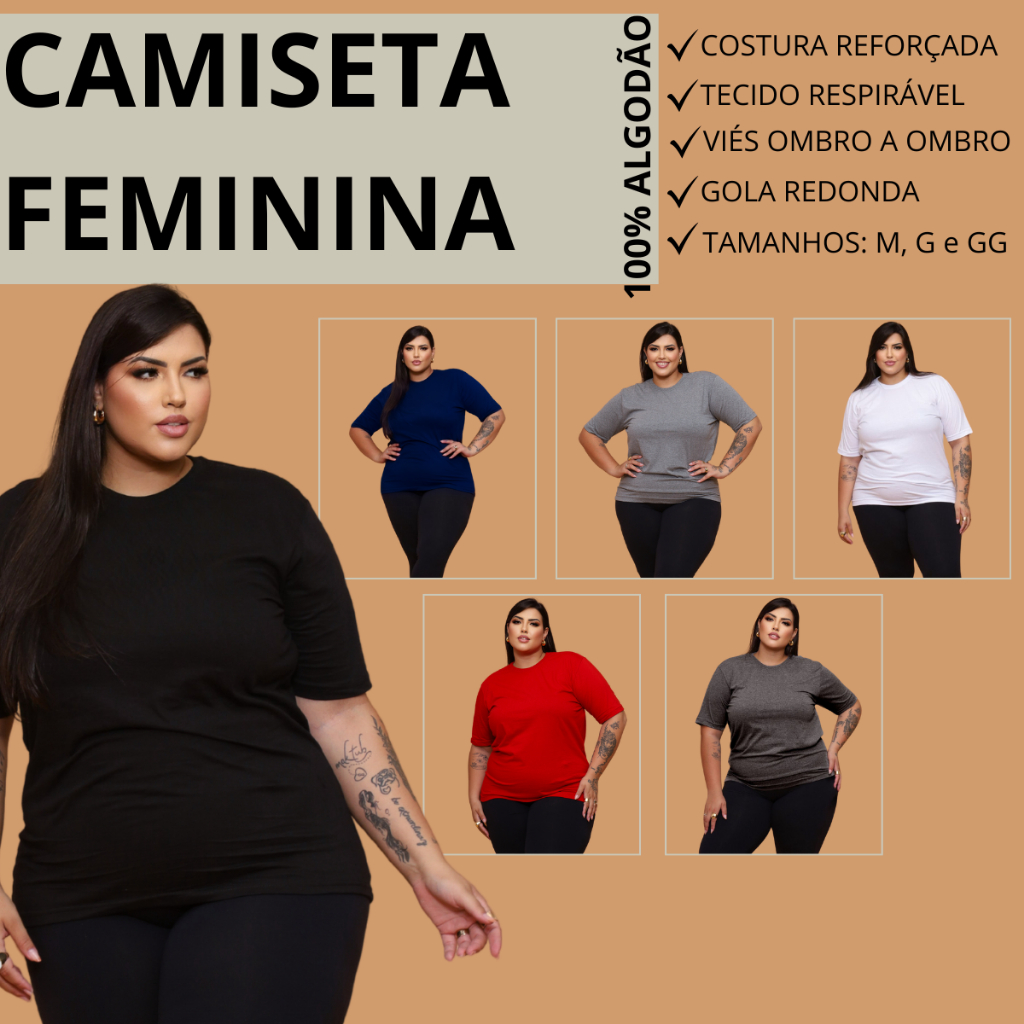 Camiseta Plus size  Feminina Academia 100% Algodão Tamanho Extra Qualidade Impecável M ao G3 Básica em Oferta na Shopee