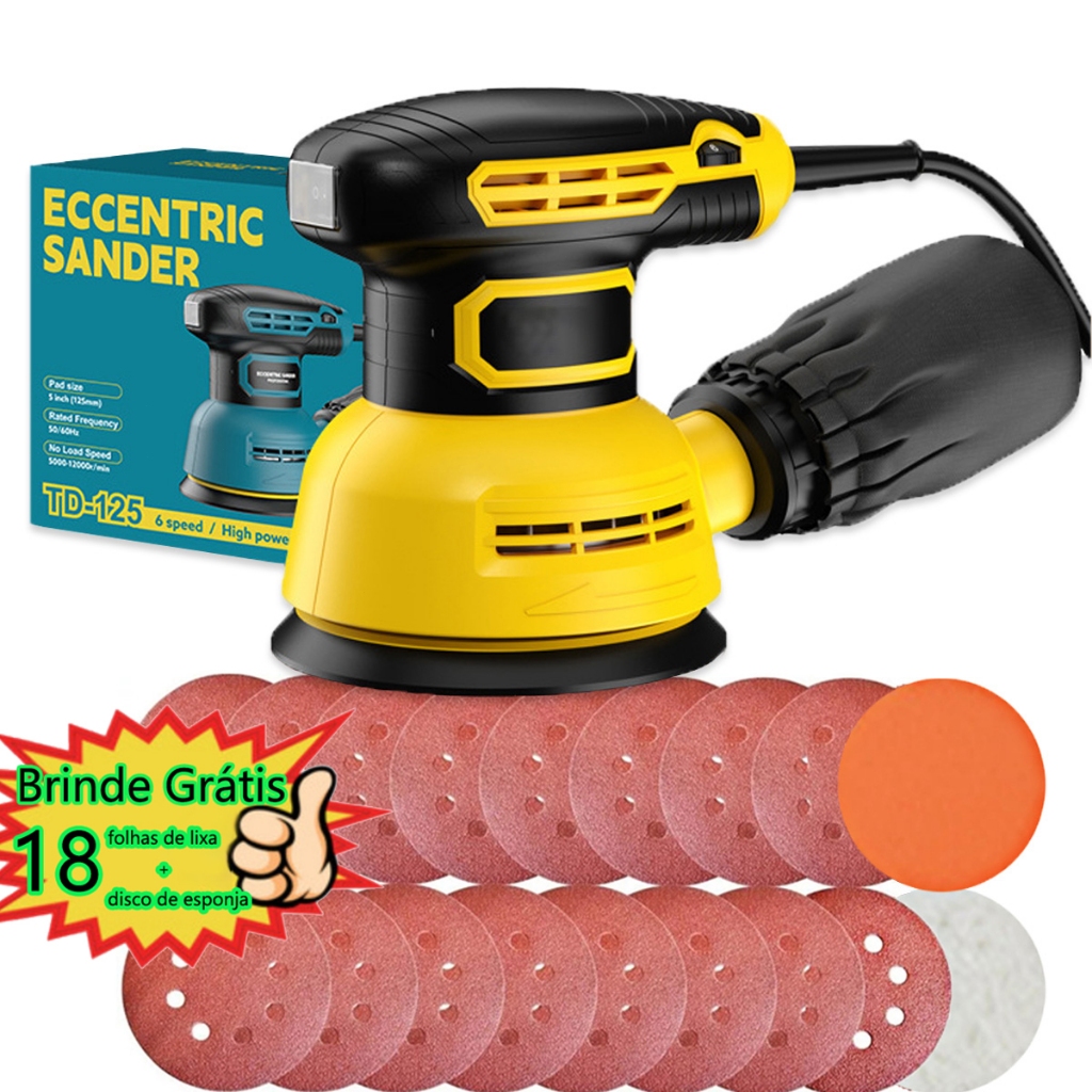 Lixadeira Elétrica Roto Orbital Profissional 300w 16 Lixas Grátis 110V ou 220V 60Hz Kit com Maleta