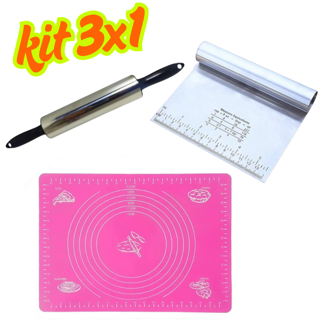 Kit Para Massas Pão Bolo Confeitaria Rolo de Inox Tapete Culinário e Espátula de Inox Profissional