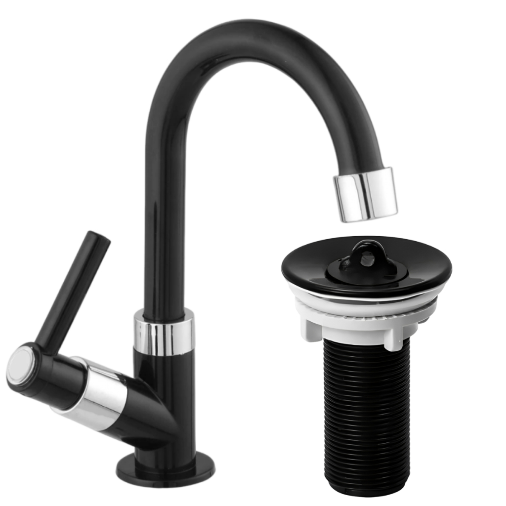 Kit Torneira Preta para Banheiro Bica Móvel  em ABS 1/4 De Volta C62 + Válvula Preta S/Ladrão 7/8