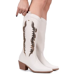 Bota Texana Feminina Domidona Western Cano Longo Bico Fino Metalizada Country