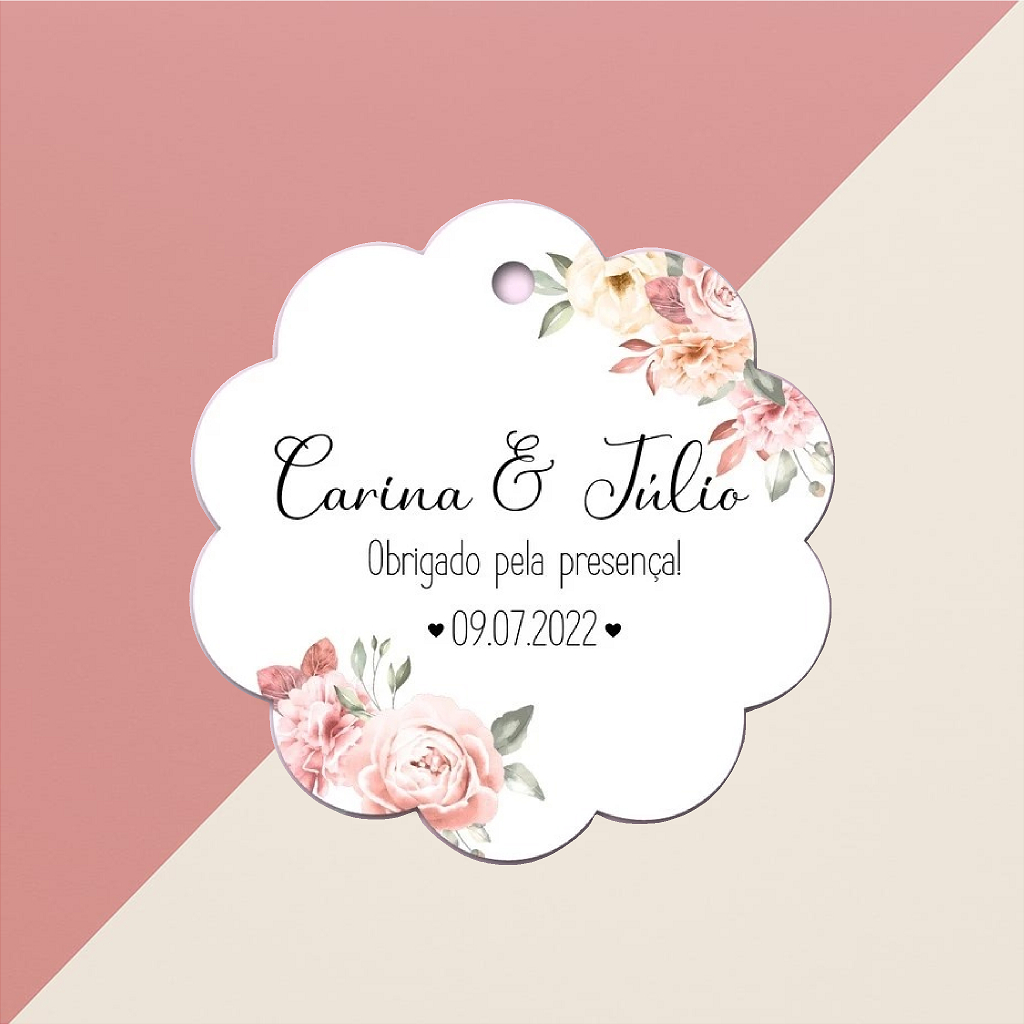 100 Tags 4,5cm Personalizadas Formato Flor Lembrancinha para Casamento Noivado e Chá de Cozinha