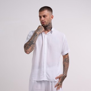 Conjunto Linho Masculino Social Slim Manga Curta Lisa Botões