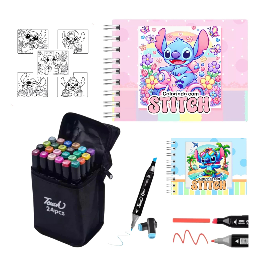 Kit 24 Canetinhas Com Livro De Colorir Capa Dura Marca Texto Duas Pontas Bobbie Goods Stitch