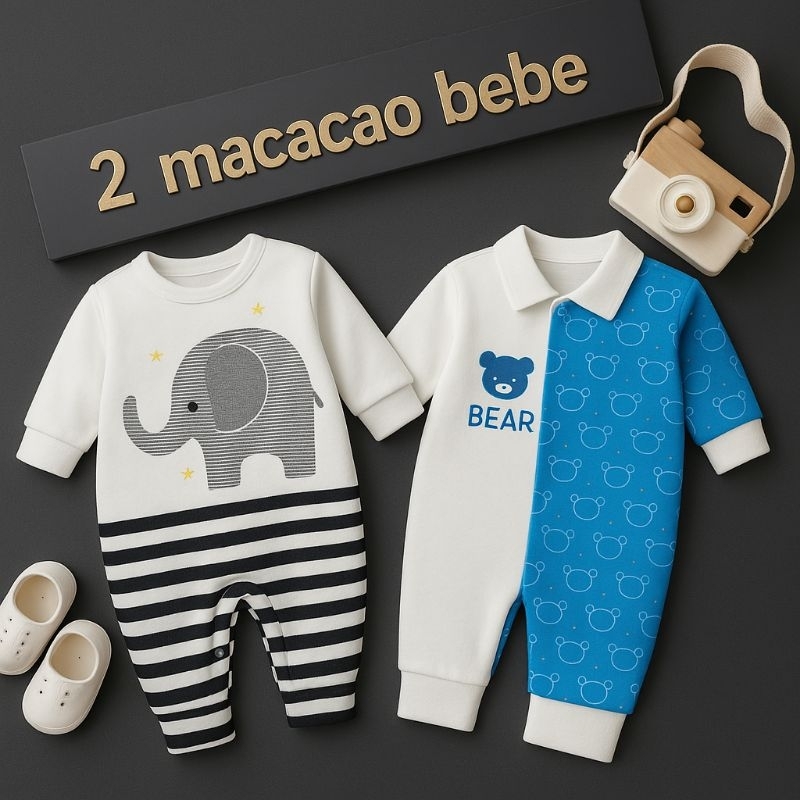 Macacão de Bebê Menino com Estampa de Elefante e Ursinho - Manga Longa, Confortável e Aconchegante
