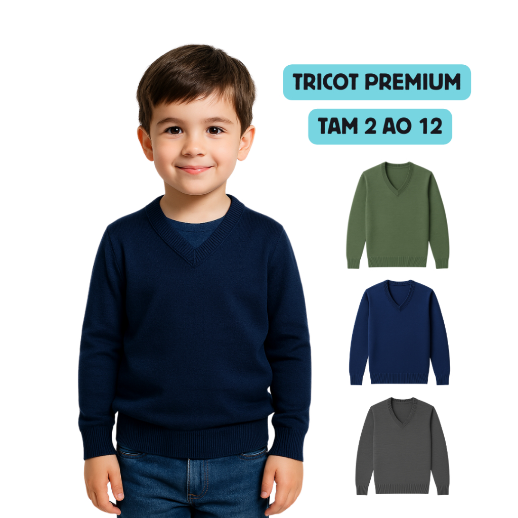 Blusa de Lã Infantil Menino Tam 2 ao 12 Tricot Premium Gola V Inverno Blusão Casaco Frio